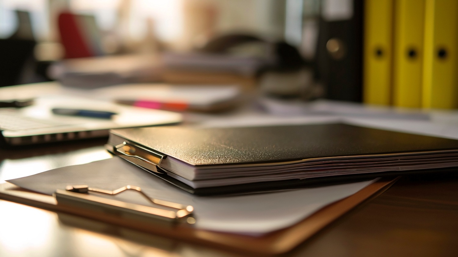 Desk image with clipboards and folders